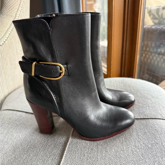 Veronica Beard Black Heeled Boots with Gold Buckle - Picture 1 of 10